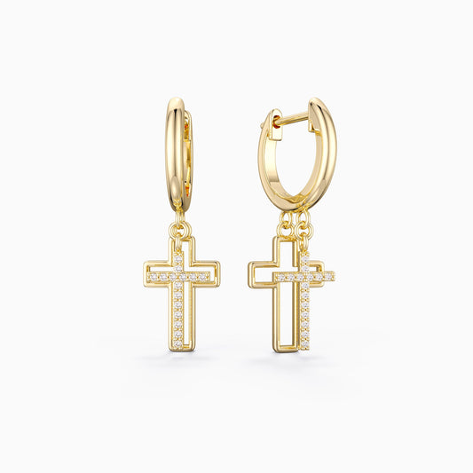 Gold Cutout Double Cross Earrings