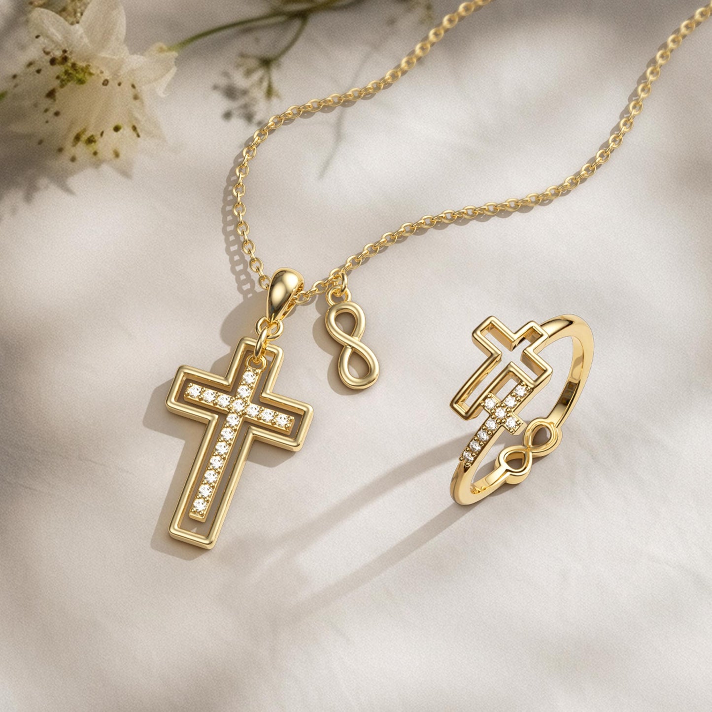 Double Hollow Cross And Infinity Ring